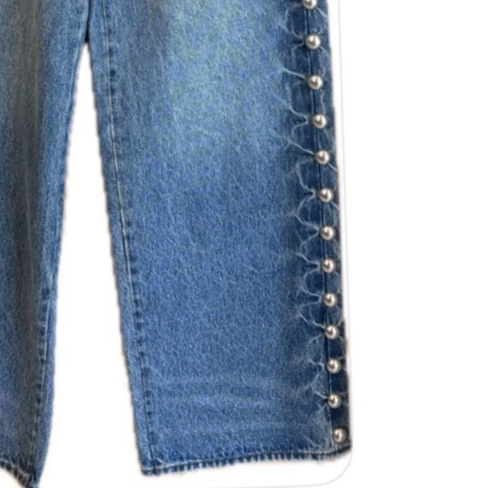 H & M Edition NWOT  Straight Wide Leg Studded High Waisted Denim Jeans 4 - Picture 5 of 8